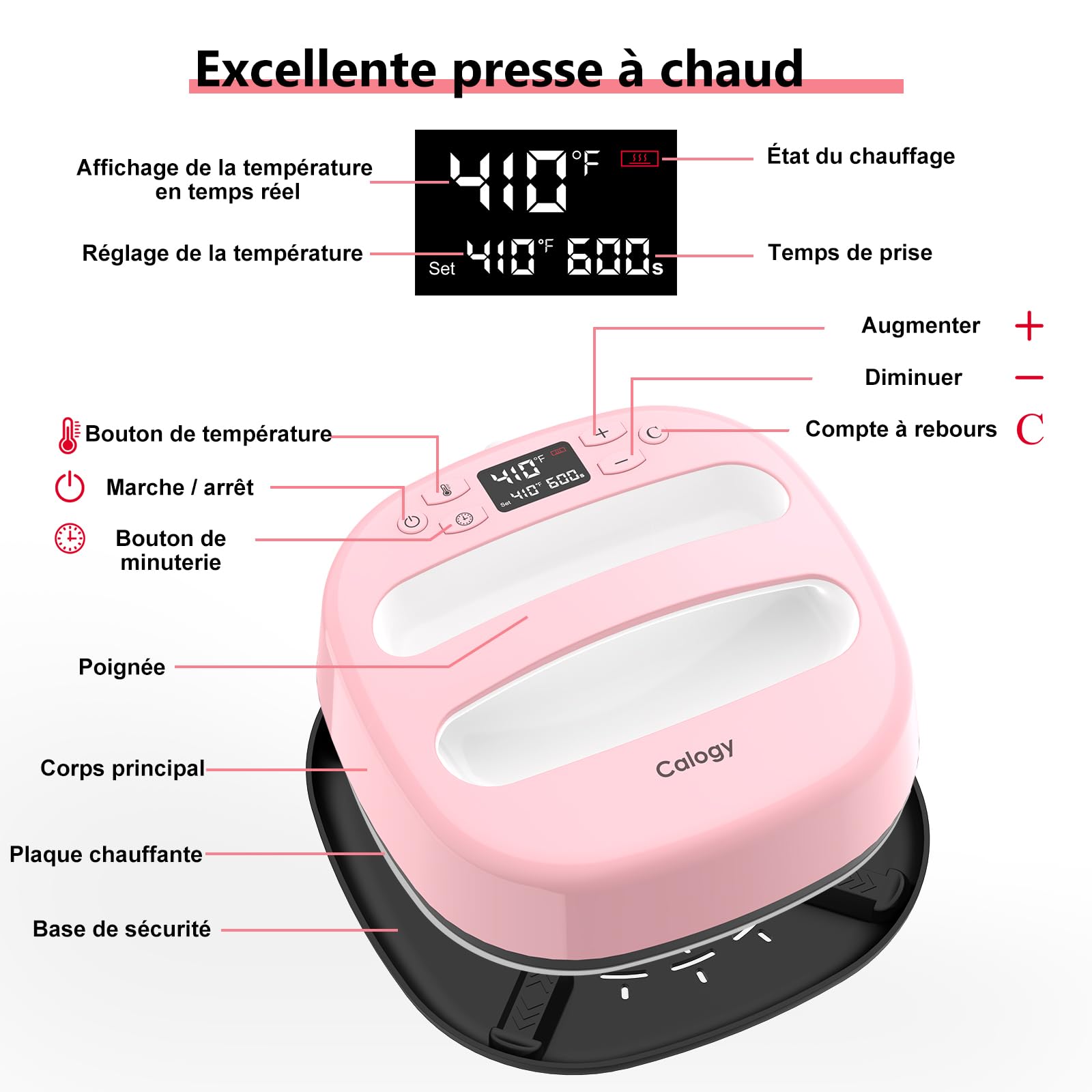 Calogy Presse a Chaud Textile 25,4x25,4 cm(10 * 10"), Machine Impression Tee Shirt Portable Sublimation, Imprimante Textile Rapide Sacs, Oreillers, Chapeaux, HTV Vinyle Transfert Chaleur (Rose Blanc)