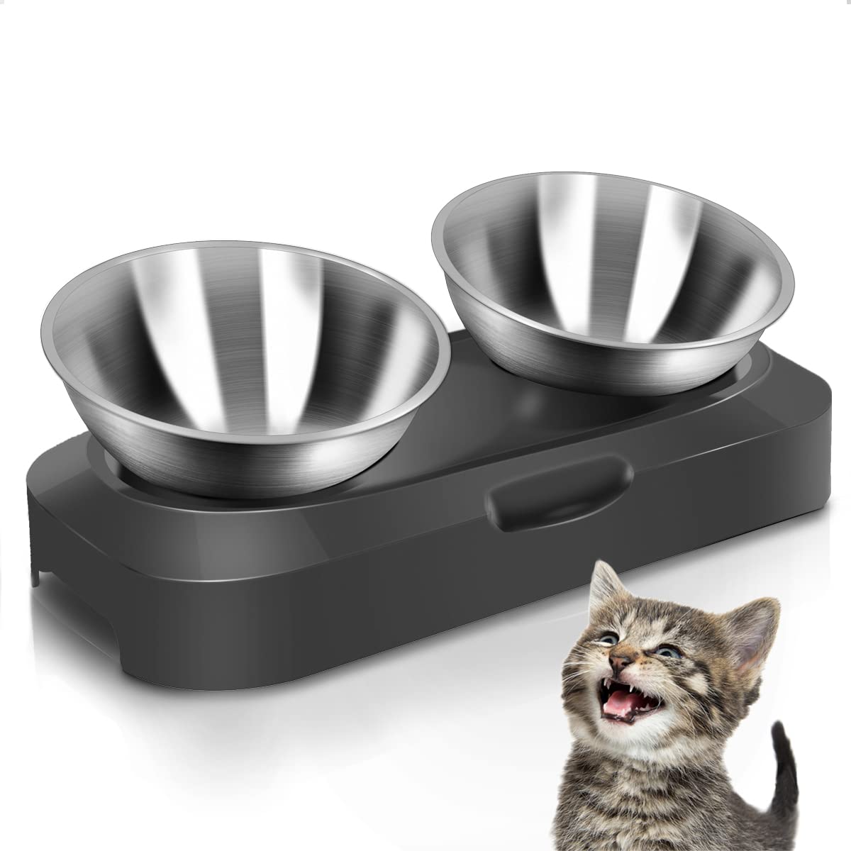 AYADA Raised Cat Food Bowl Set, Stainless Steel Cat Dish for Food Water Anti Vomiting Elevated with Stand Ergonomic Lifted Slanted Tilted 15 Angle Metal Double Kitty Kitten Wet Food Bowl 2 Pet Bowl