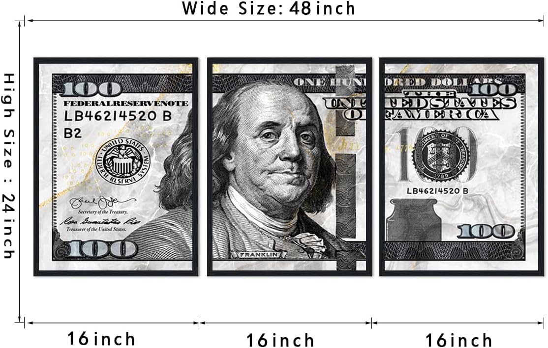 Black and White Canvas Wall Art Benjamin Franklin 100 Dollar Money Painting 3 Panels for Home Decor Living Room Office Hallway, Waterproof Indoor Use, Black Framed 16x24inchx3Pcs