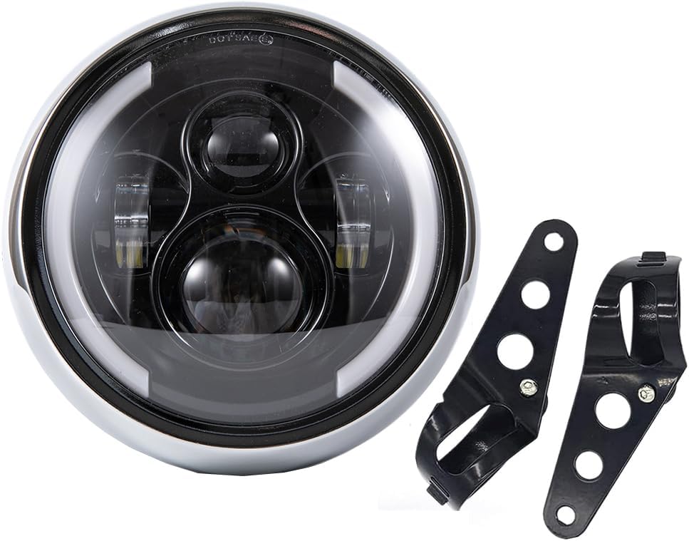Round LED Motorcycle Headlight 7.5 inch with Mounting Brackets Assembly, Front Headlamp with Halo Ring Angel Eyes, Features Amber & White DRL High/Low Beam (Silver)