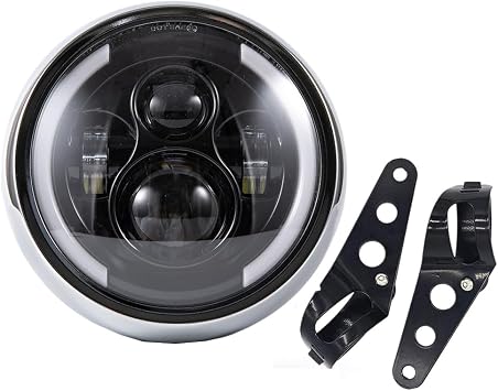 Round LED Motorcycle Headlight 7.5 inch with Mounting Brackets Assembly, Front Headlamp with Halo Ring Angel Eyes, Features Amber & White DRL High/Low Beam Silver