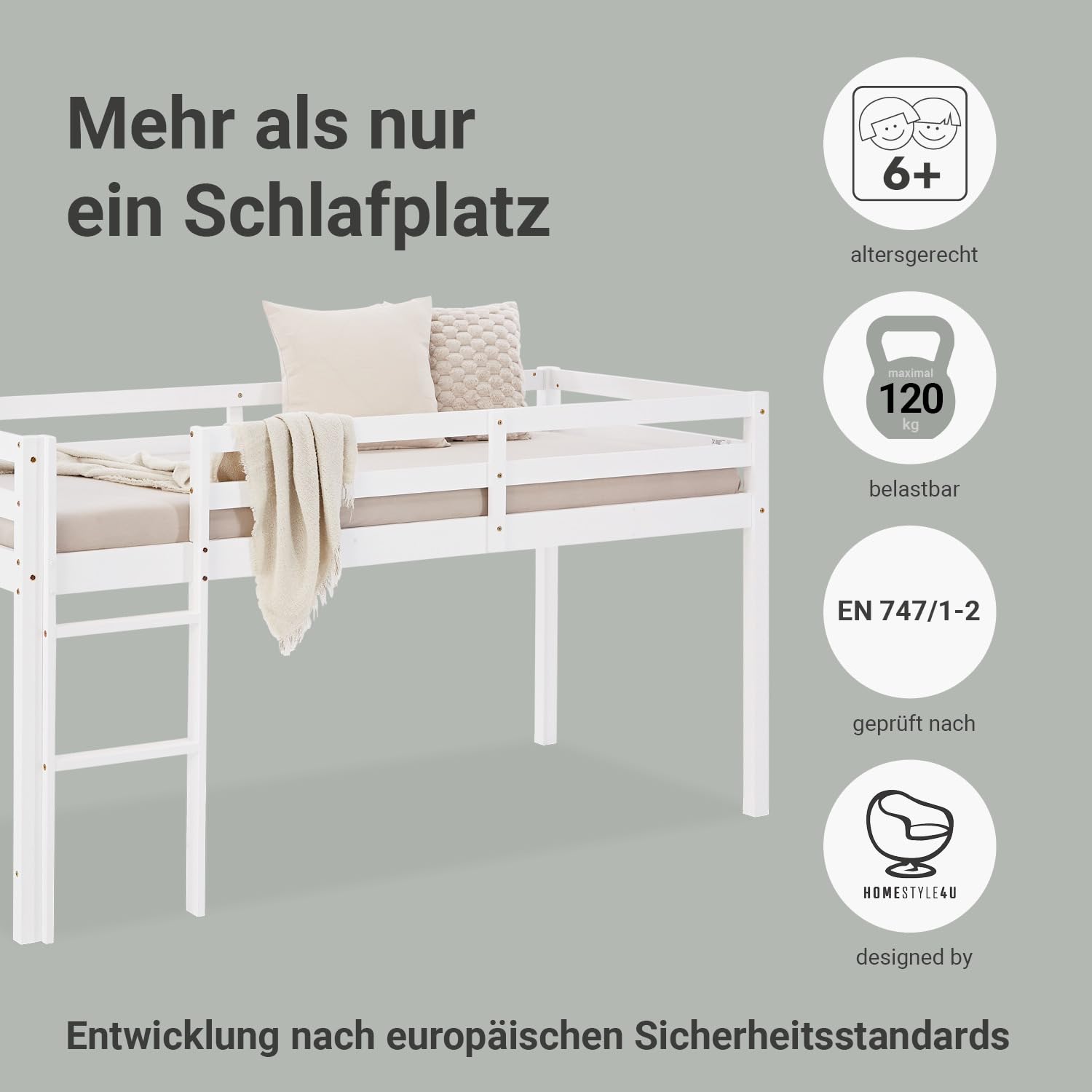 Homestyle4u Kinderhochbett 90x200 Weiß - Hochbett Massivholz Kiefer | Stabiles Jugendbett mit Leiter & Rausfallschutz, EN 747 geprüft, Platzsparendes Etagenbett für Jungen & Mädchen