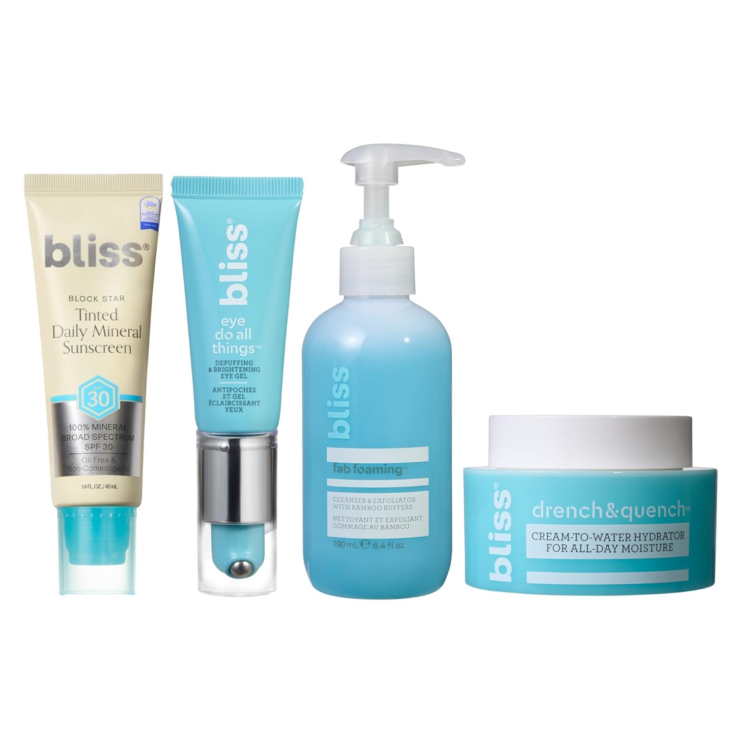 Bliss Skin Starter Kit 4pc Set: Fab Foaming Exfoliating Cleanser, Drench & Quench Moisturizer, Block Star Daily Mineral SPF 30, Eye Do All Things Brightening Eye Cream