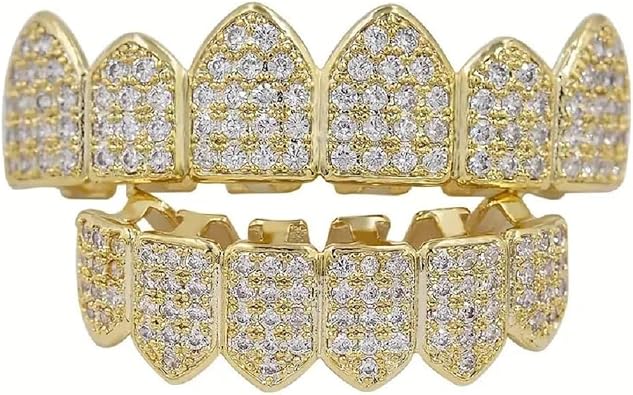 Vampire Teeth Grills for Your Teeth 18K Gold Plated Iced out CZ Fangs Top & Bottom Tooth Grillz for Women Men Hip Hop Rapper Costume Cosplay Extra Molding Bars