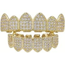 Vampire Teeth Grills for Your Teeth 18K Gold Plated Iced out CZ Fangs Top & Bottom Tooth Grillz for Women Men Hip Hop Rapper Costume Cosplay Extra Molding Bars