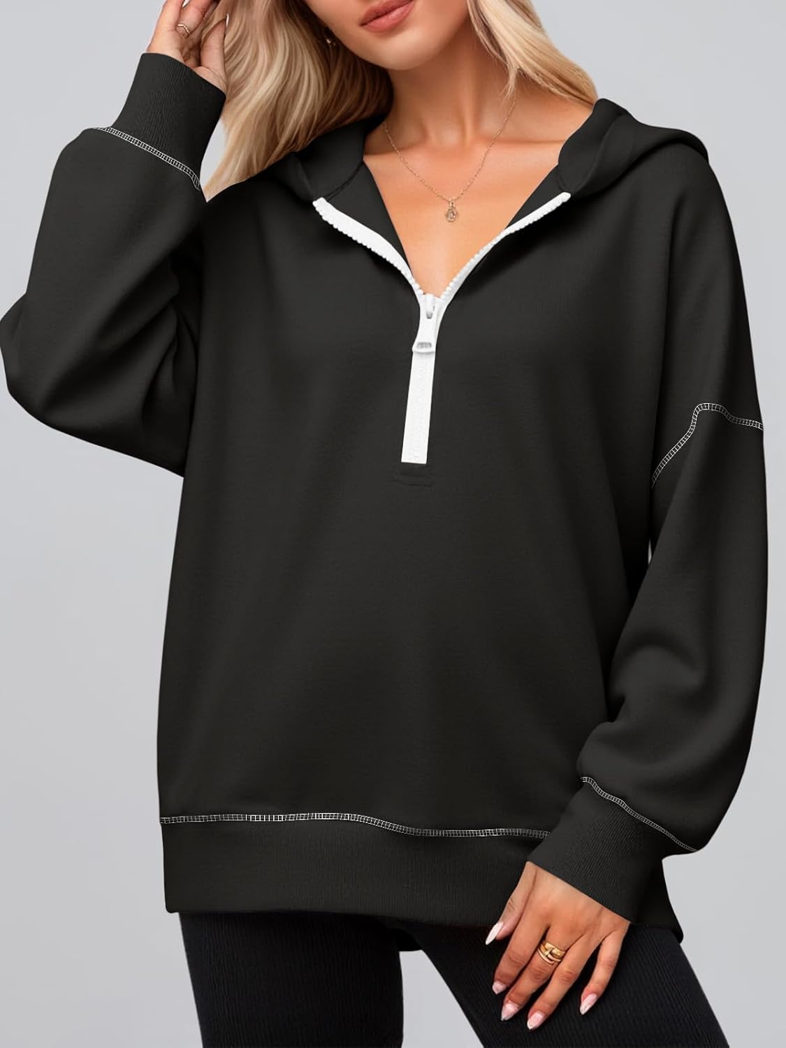 Fisoew Womens Half Zip Hoodies Casual Long Sleeve Oversized Fall Sweatshirts Contrast Stitch Loose Pullover Tops - Image 2