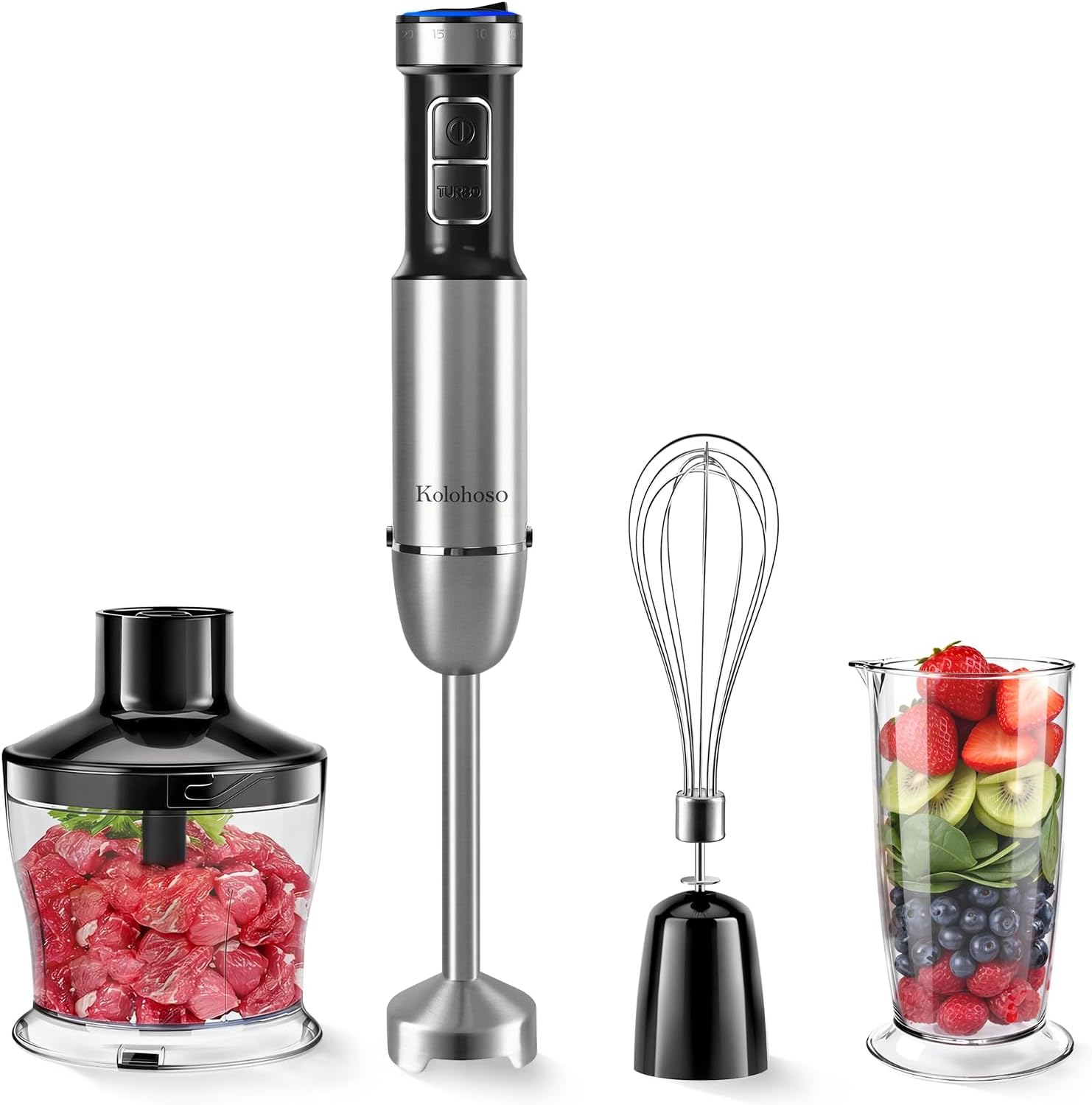 1500W Batidora de Mano, 4 en 1 Eléctrica Multifuncionales, Acero Inoxidable con Función Antisalpicaduras con 25 Velocidades y TURBO con Batidor,Picadora de 500 ml y Vaso Medidor de 700