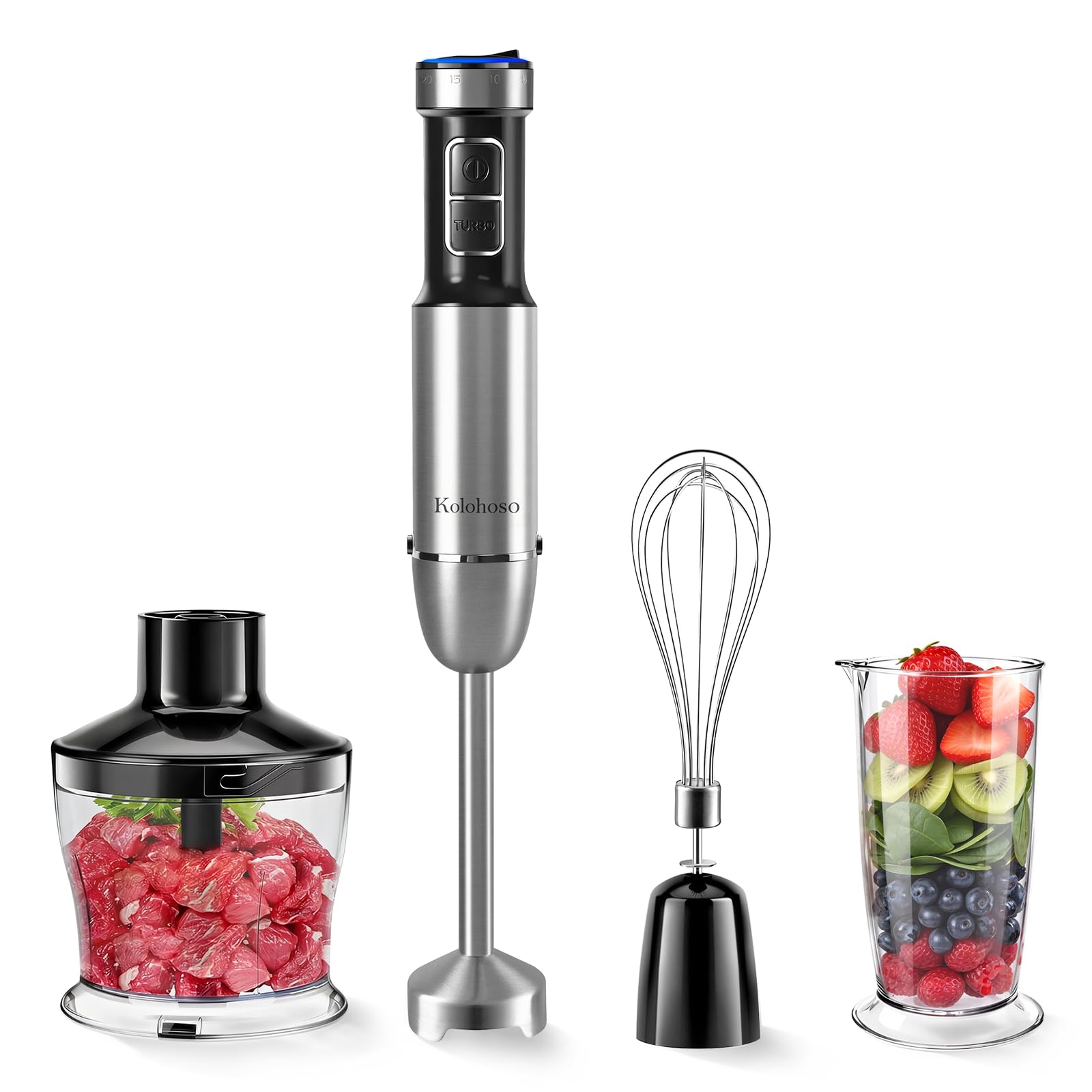 1500W Frullatore a Immersione, Multifunzione Immersione da 4 in 1, Mixer Cucina, 25 Velocità e Turbo, con Frusta, Tritatutto da 500 ml e Misurino da 700 ml, per Preparare Pappe Zuppe e Salse