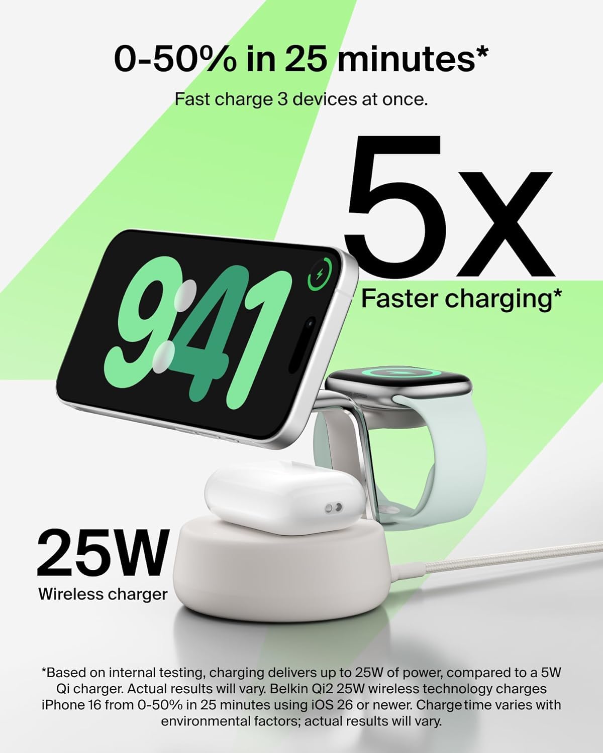 Belkin UltraCharge Pro - Stazione di ricarica wireless da 25 W, 3 in 1 Qi2.2 Certificato MagSafe Caricabatterie compatibile per iPhone 17, Air, Apple Watch, AirPods, Pixelsnap, con ventola di