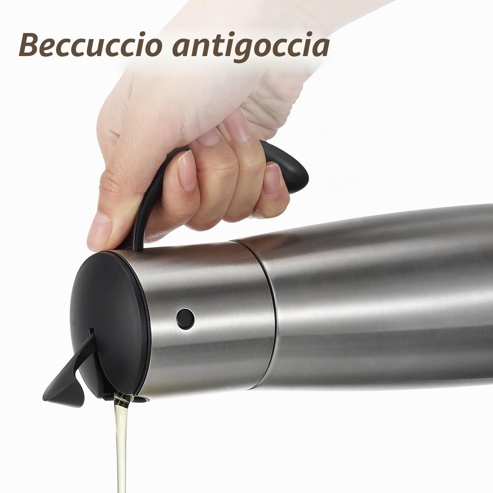 Vucchini 380 ml Dispenser per Olio d'Oliva Tutto in Acciaio Inossidabile per La Cottura in Cucina,con Tappo Automatico,Contenitore per Condimenti a Ribaltamento