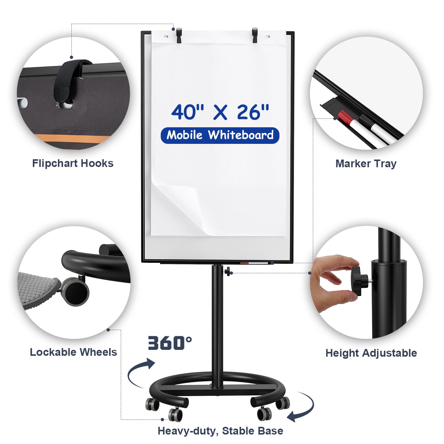 Mobiles Whiteboard Auf Rollen – 101,6 X 66 Cm, Höhen- & Neigungsverstellbar, Magnetisch, Mit Papierblock & Zubehör
