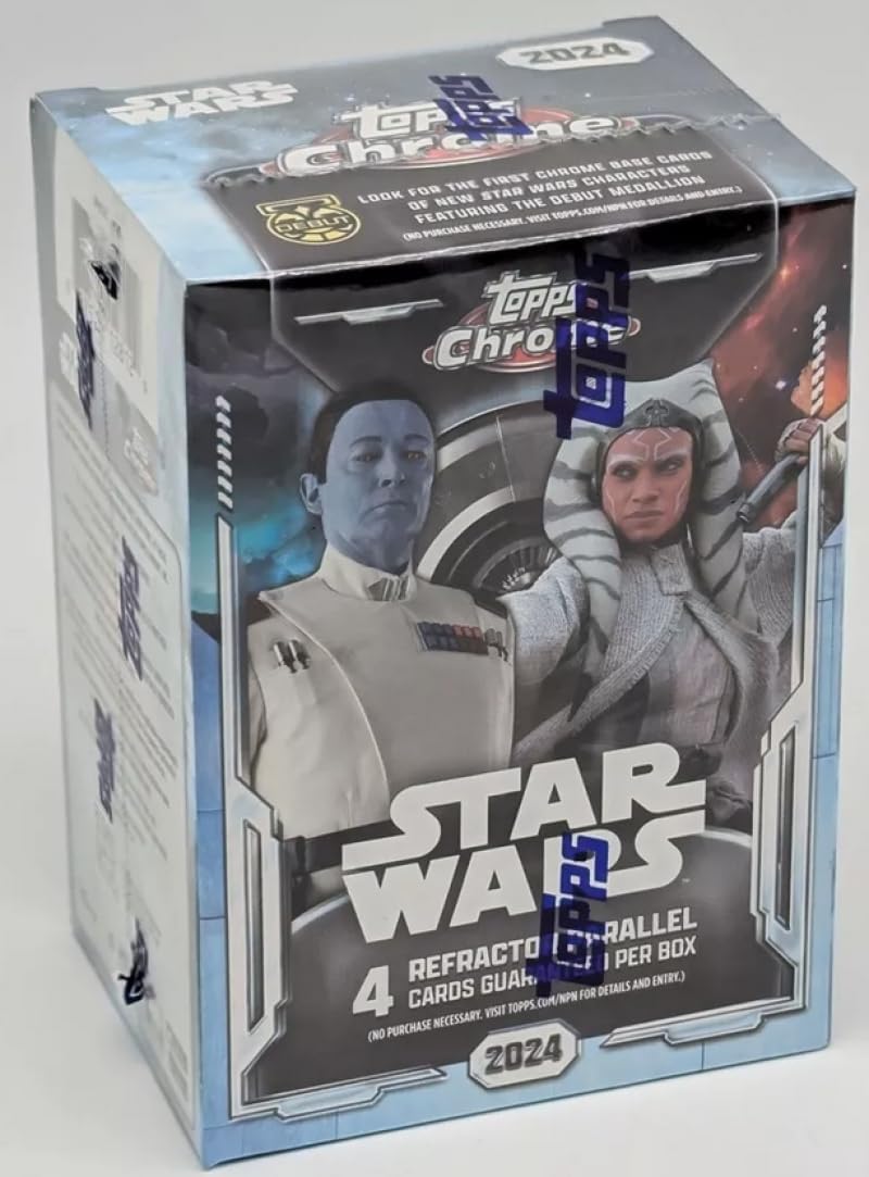 2024 Topps Chrome Star Wars Factory Sealed Blaster Box 8 Packs of 5 Cards. Look for Exclusive Parallels. 4 Refractor Parallels Per Box. Look for the First Chrome Base cards of the new Star Wars characters featuring the Debut Medallion.