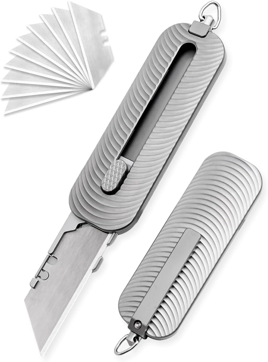Titanium EDC Utility Knife with Retractable Razor Box Cutter 10pcs Carbon Blades