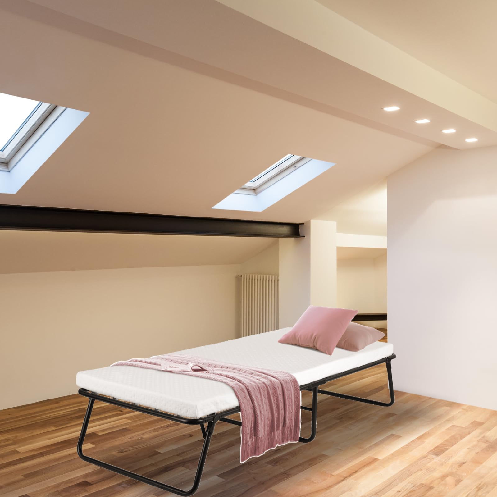 Cama Plegable con Ruedas 80x190cm, Cama de Invitados con Colchón de Espuma Viscoelástica de 7cm, Cama Plegable Adultos Portátil con Funda, no Requiere Montaje, Armadura de Metal Soporta hasta 136 kg