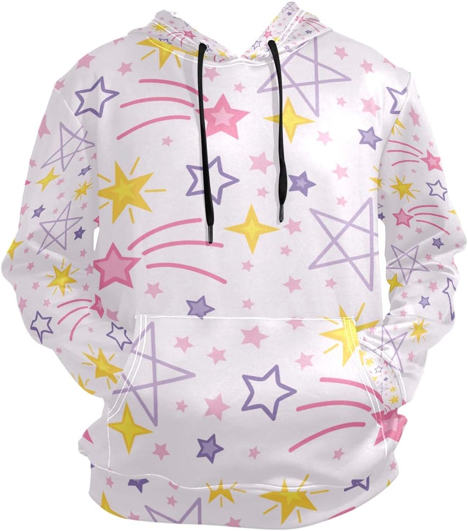 Mens Hoodie Shiny Shooting Star Yellow Pink Drawstring Hooded Sweatshirt