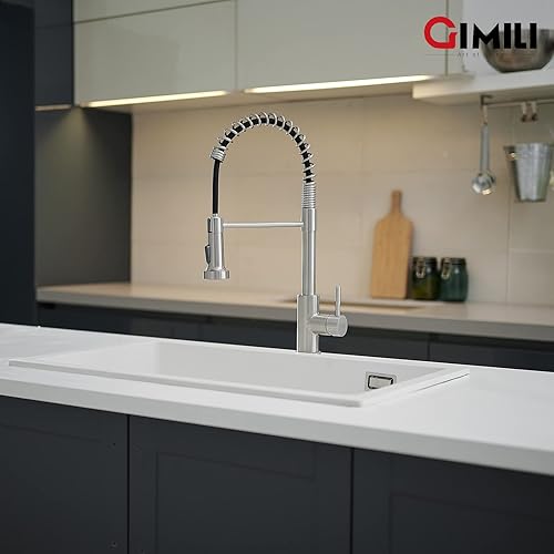 Miniatura 6 de GIMILI Grifo de cocina con rociador desplegable de arco alto, de resorte, de una manija, para fregadero, de níquel cepillado, moderno de acero