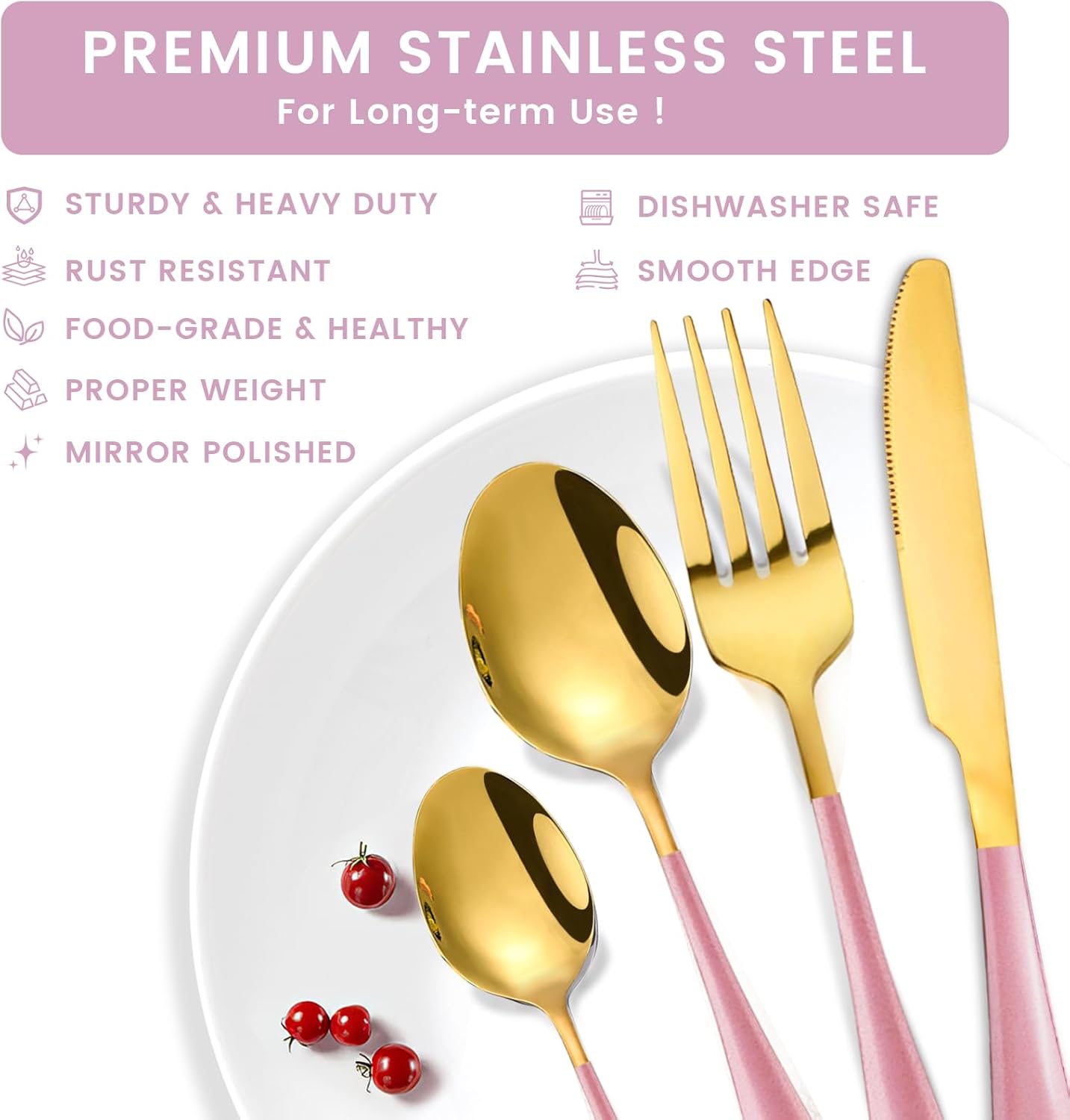 24-Piece Flatware Set with Organizer,Heavy Duty Stainless Steel Silverware for 6,Pink Cutlery Utensil Sets with Antiskid Handle，Rust-proof Stainless Steel Cutlery, Mirror Polished (Pink)