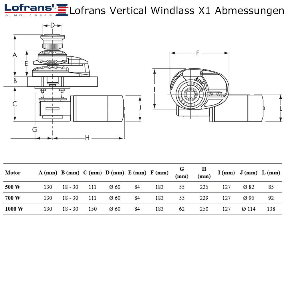 Lofrans X1 Ankerwinde Bronze 700W 12V Ø Kette 8mm Seil 12mm