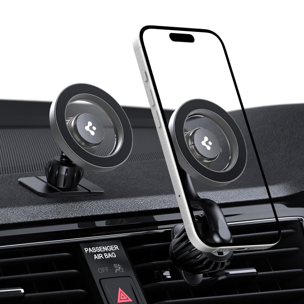 Spigen Magnetic Air Vent Car Mobile Holder [Super Strong Magnet] [Magnetic Ring Included][Extra Mini Dashboard Mount] for iPhone 17/16/15/14/13/12, Samsung Galaxy and More(Extension Type) - Silver
