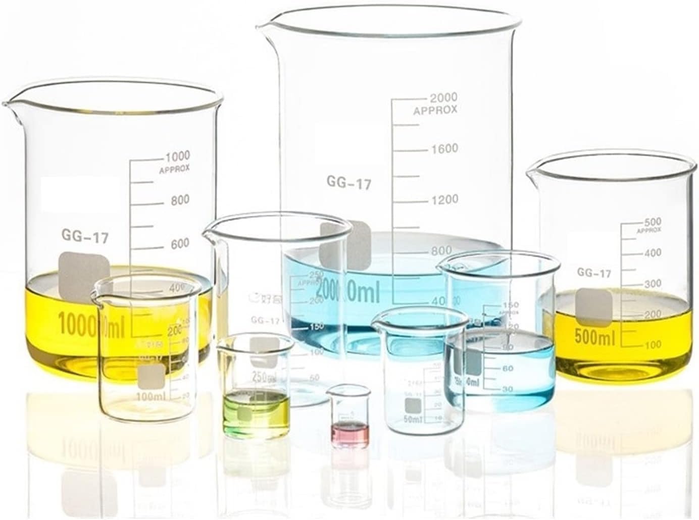 Becher in Vetro da 150 ml con Scala Trasparente, Vetro borosilicato, Vetro Addensato Resistente al Calore, Forma Bassa, misurino da Laboratorio, Confezione da 6
