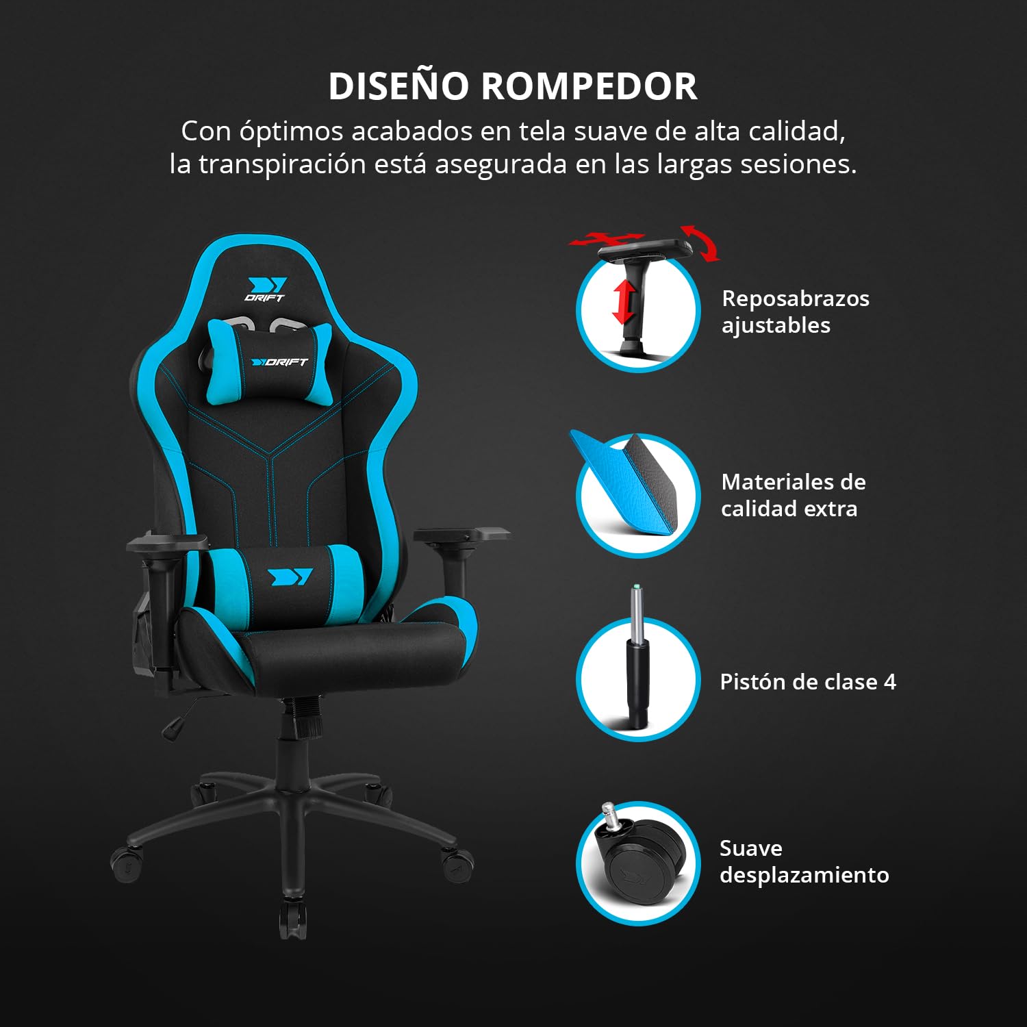 DRIFT GAMING DR110 - Silla Gaming Profesional, Tejido Fabric Alta transpirabilidad, reposabrazos 4D, Ruedas silenciosas, pistón Clase 4, inclinación, cojín Lumbar y Cervical, Color Negro/Azul
