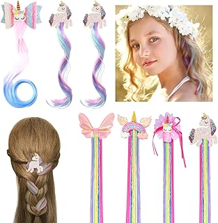 كلبسات الشعر يونيكورن 7 قطع، اكسسوارات شعر للاطفال، شعر مستعار لامع مضفر مجعد بلون متدرج، ذيل الحصان لفستان الاميرة