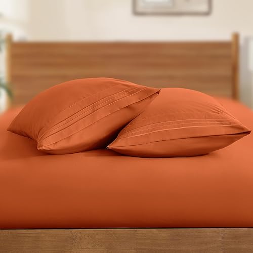 Miniatura 4 de Paquete de 2 fundas de almohada de microfibra de tamaño estándar, color naranja quemado con cierre de sobre, 1800 hilos, fundas de almohada suaves y