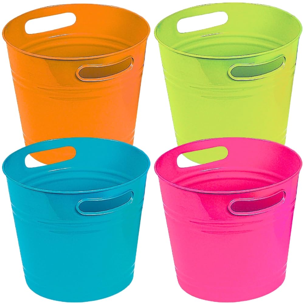 Fun Express 9 1/2" x 8 1/2" Bright Colorful Plastic Bucket Assortment - 4 Pc., Great for Easter, Crafts, Classroom Storage and Sorting, and Home