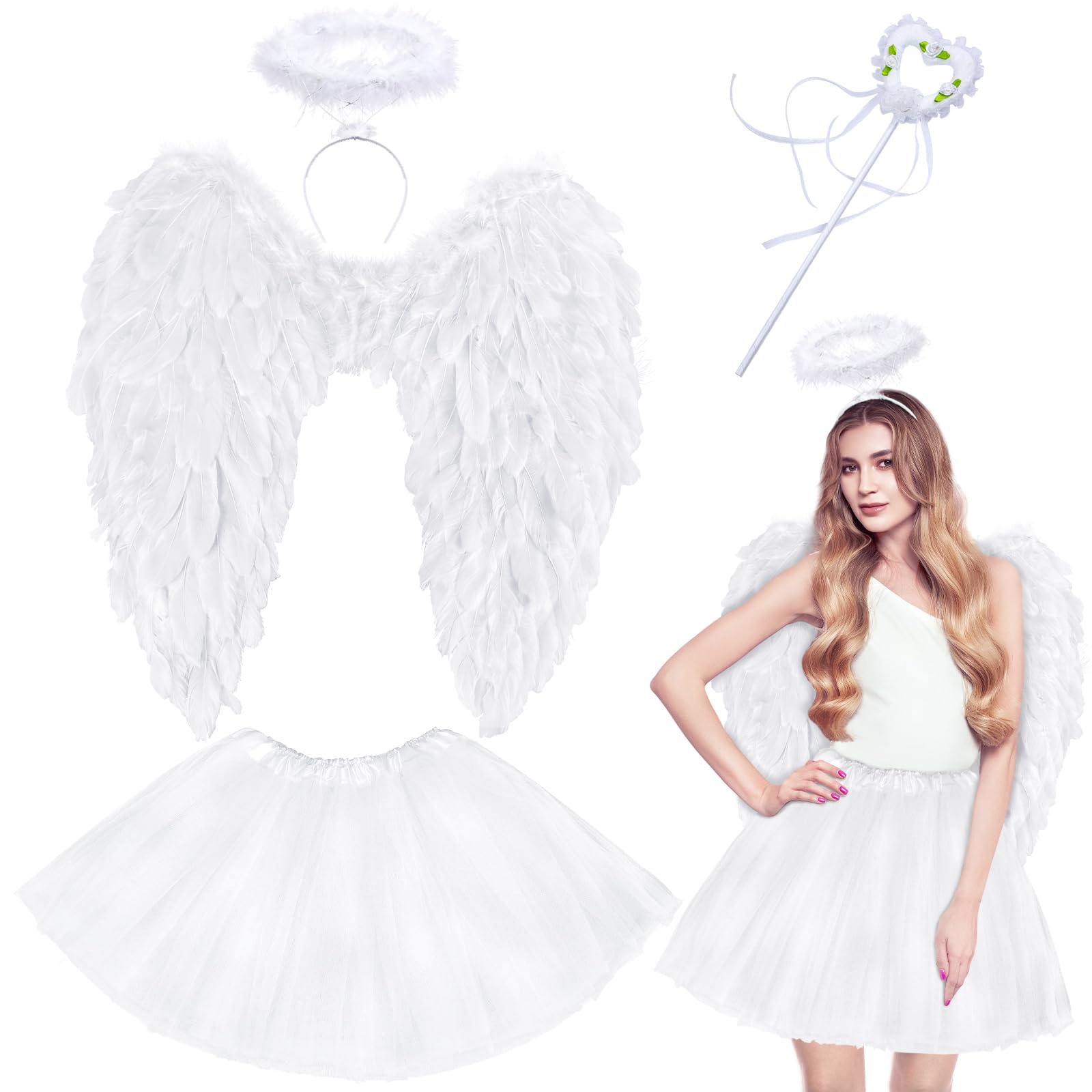 Yezmo Angel Wings, Angel Costume Women Girls Adults Angel Accessories with Tutu Skirt Halo Headband Wand for Party Cosplay (Black Adult) (White Large)