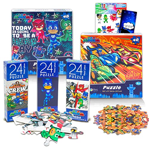 PJ Masks 48 Pc Puzzle 5 Pack ~ Bundle with PJ Masks Jigsaw Puzzle Set for Kids, Toddlers Ages 3-5 and 4-8, PJ Masks Pop Up Stickers and Door Hanger | PJ Masks Activity Set
