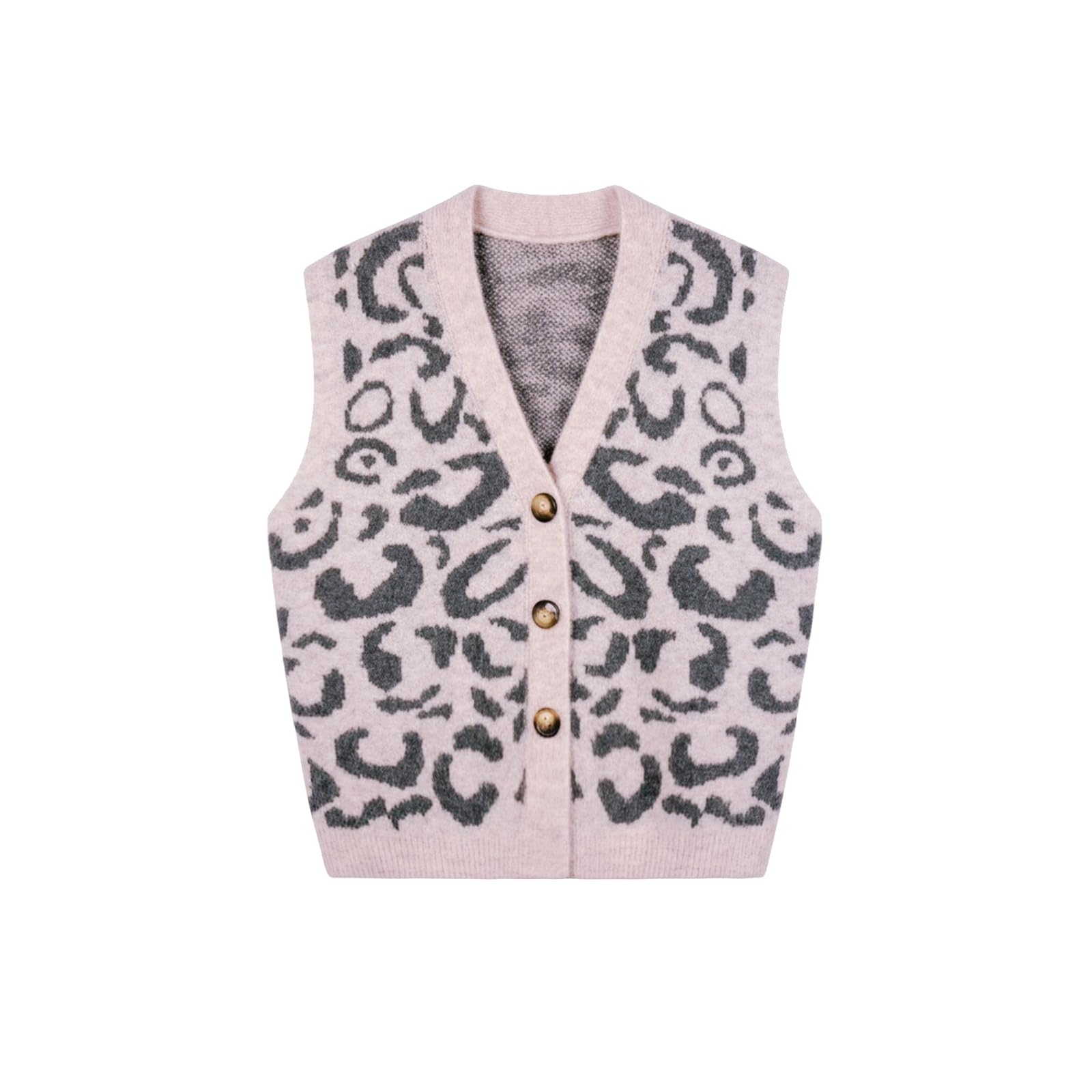 Womens V Neck Pink Leopard Knit Sweater Vest Sleeveless Soft Casual Cheetah Print Button Cardigan Trendy Tank Tops