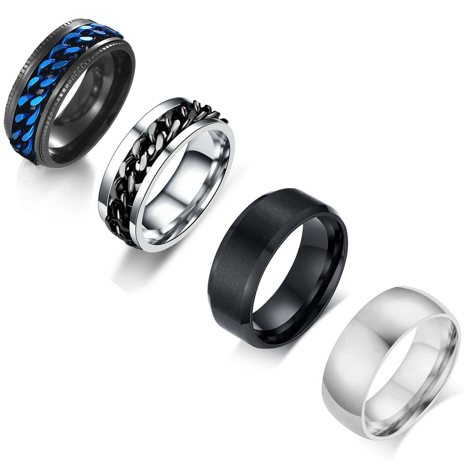 VELESAY 4 Piezas Anillos Hombre Acero Inoxidable Vintage Cadena Anillos de Acero en Negro y Azul Giratorios Anillos Acero Inoxidable Hombre