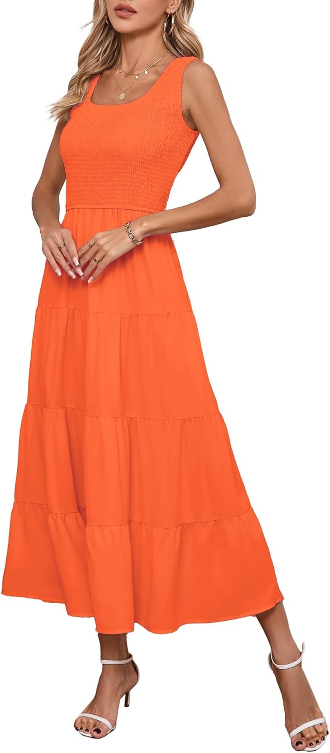 Women's Casual Sleeveless Tank Smocked Tiered Flowy Long Dress for Beach Vacation