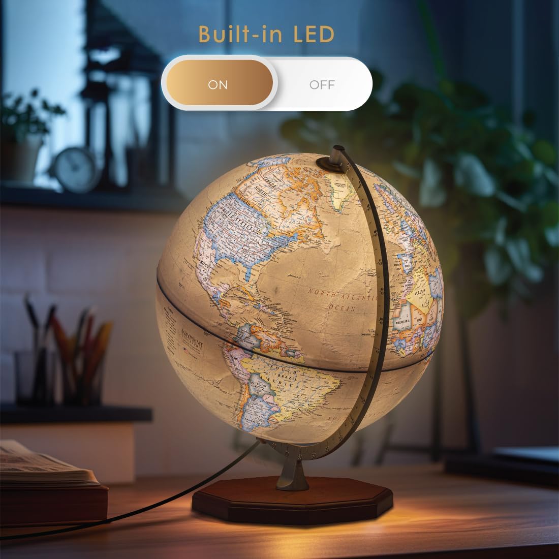 Waypoint Geographic Voyager Plus Illuminated Globe, 12" Antique Ocean-Style, Up-to-Date Light-Up World Globe for Home and Office Decor, 16“ H x 13.5“ W x 12“ D