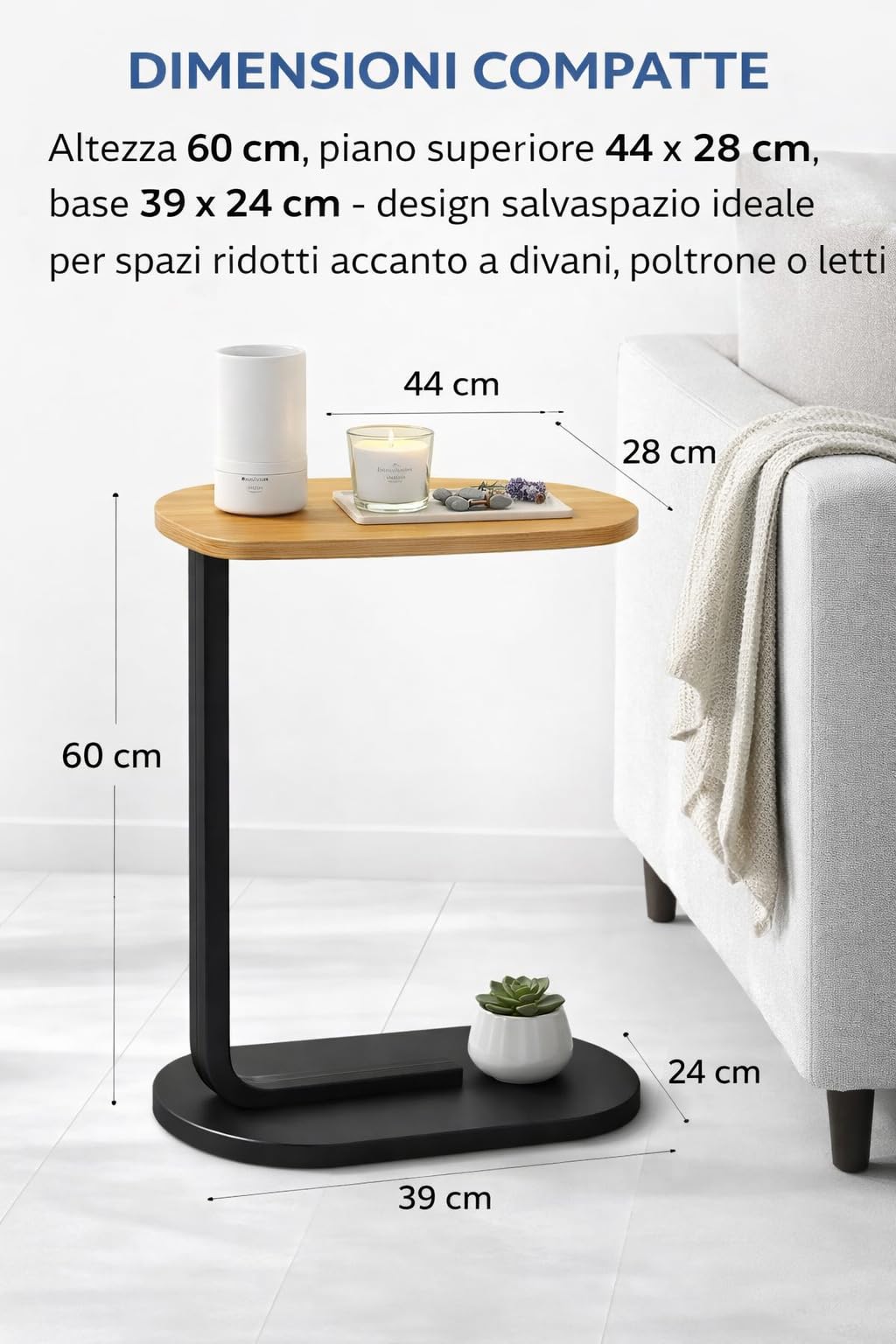 Generico bdit accessori Tavolino Laterale Moderno in Legno e Metallo, Salvaspazio 60 cm, Piano Ovale 44x28 cm, Base 40x23 cm, Comodino Minimal per Soggiorno e Camera da Letto (beige)