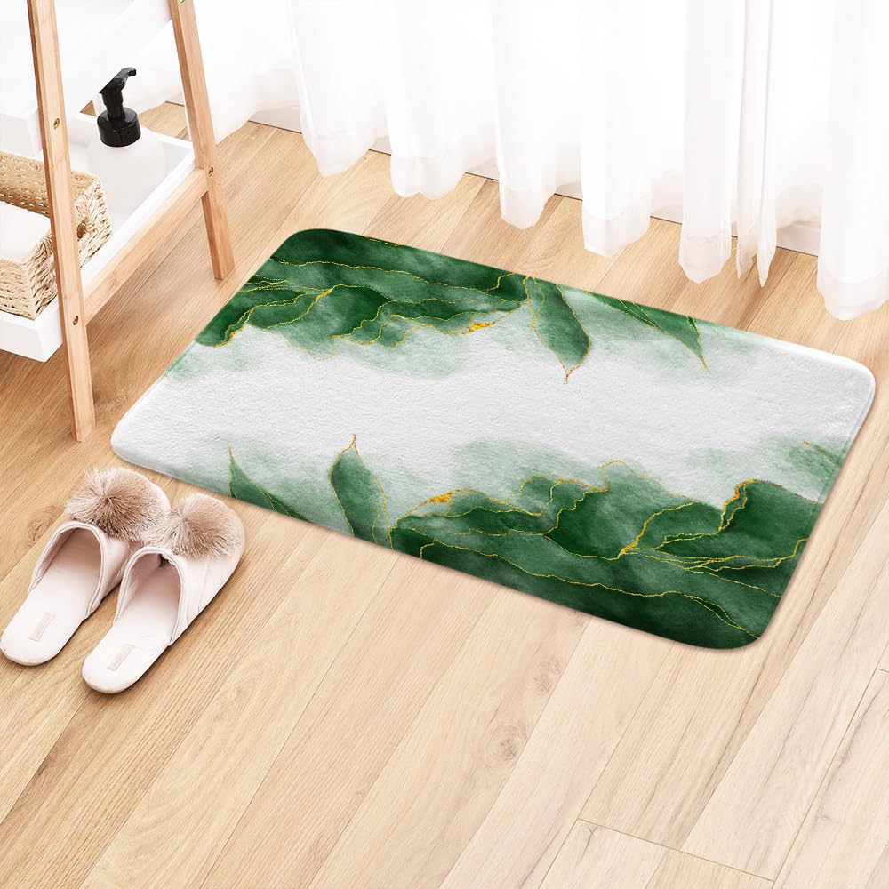 Green and Gold Marble Bath Mat for Bathroom, Dark Emerald Sage Hunter Olive Green Floor Rugs Mats Non Slip Modern Golden Bathroom Decor Accessories 17X29 Inches Kitchen Bedroom Indoor