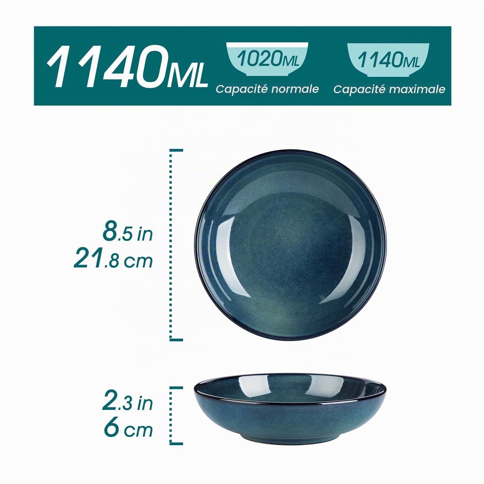 vancasso Lot de 6 Bol à Pâtes en Céramique de 1140 ML (21,8 x 6 cm) pour Servir, Passent au Micro-ondes et au Four à Soupe pour Cuisine, vert, Série STERN