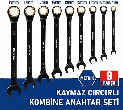 WORKPRO WP202602 8-19mm 9 Parça CR-V Profesyonel Cırcır Kombine Anahtar Takımı + Bez Taşıma Kılıfı