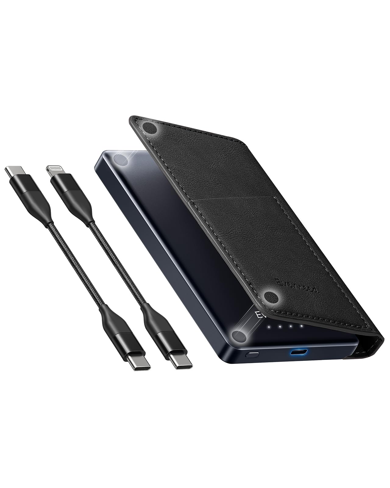 Portable Wallet Power Bank Slim 5000mAh Travel Essentials Battery Charger with USB C and Lightning Cables for iPhone, iPad, Samsung, Pixel, LG, Moto, Android, Compatible with Multiple Devices