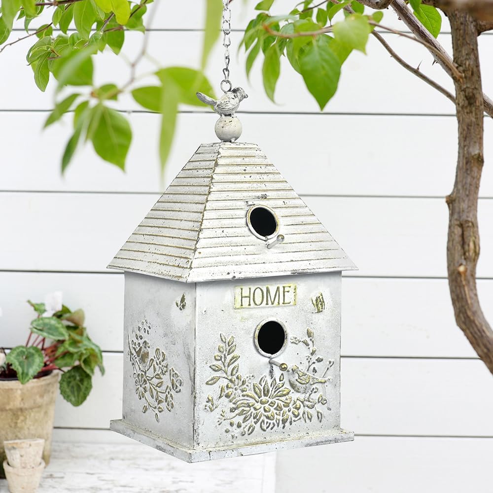 Vintage Hanging Bird Houses for Outside Metal Bird Nest Box for Bluebird Wren Chickadee Sparrow Garden Patio Outdoors Birdhouses Unique Distressed White/Gold Decoration