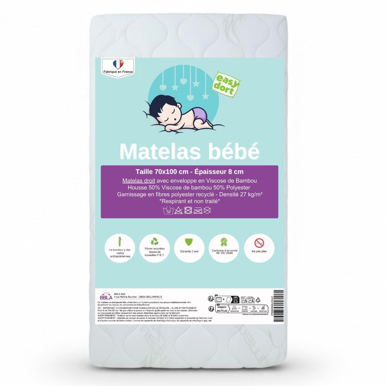Easy Dort Materac dziecięcy 70x100 cm | Kołyska lub łóżeczko dziecięce | Grubość 8 cm | Wyprodukowano we Francji | Lato i zima | Dwustronny | Bardzo wygodny | Pokrowiec bambusowy | Biały