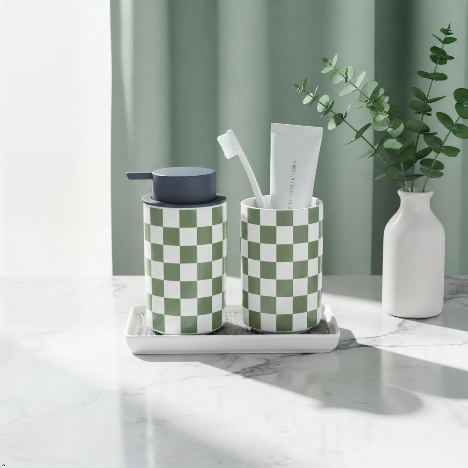 Bathroom Toothbrush Holder Set, Ceramic Soap Dispenser and Tooth Brush Holder Set, Modern Bathroom Accessories Sets Countertop, Checkered Bathroom Decor, Sage Green Bathrooms Decorative