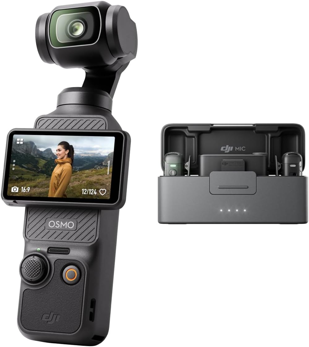 DJI Osmo Pocket 3 + Mic 2 (2 TX + 1 RX + Charging Case) 1-Inch CMOS & 4K/120fps Shooting Compatible Vlog Camera with 3-Axis Stabilizer, Fast Focus, Face/Subject Tracking, Rotatable 2-Inch Touchscreen