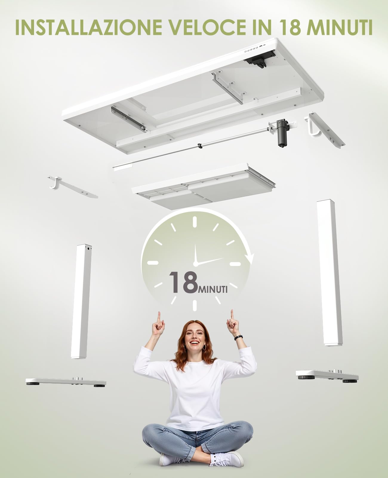 OffiGo Scrivania Regolabile in Altezza Elettrica, 140 x 60 cm, Top in Cristallo Monoblocco, Scrivania in Vetro con Cassetto e Porte USB e Type-C, Scrivania da Sede/Standing, per Casa e Ufficio, Bianco