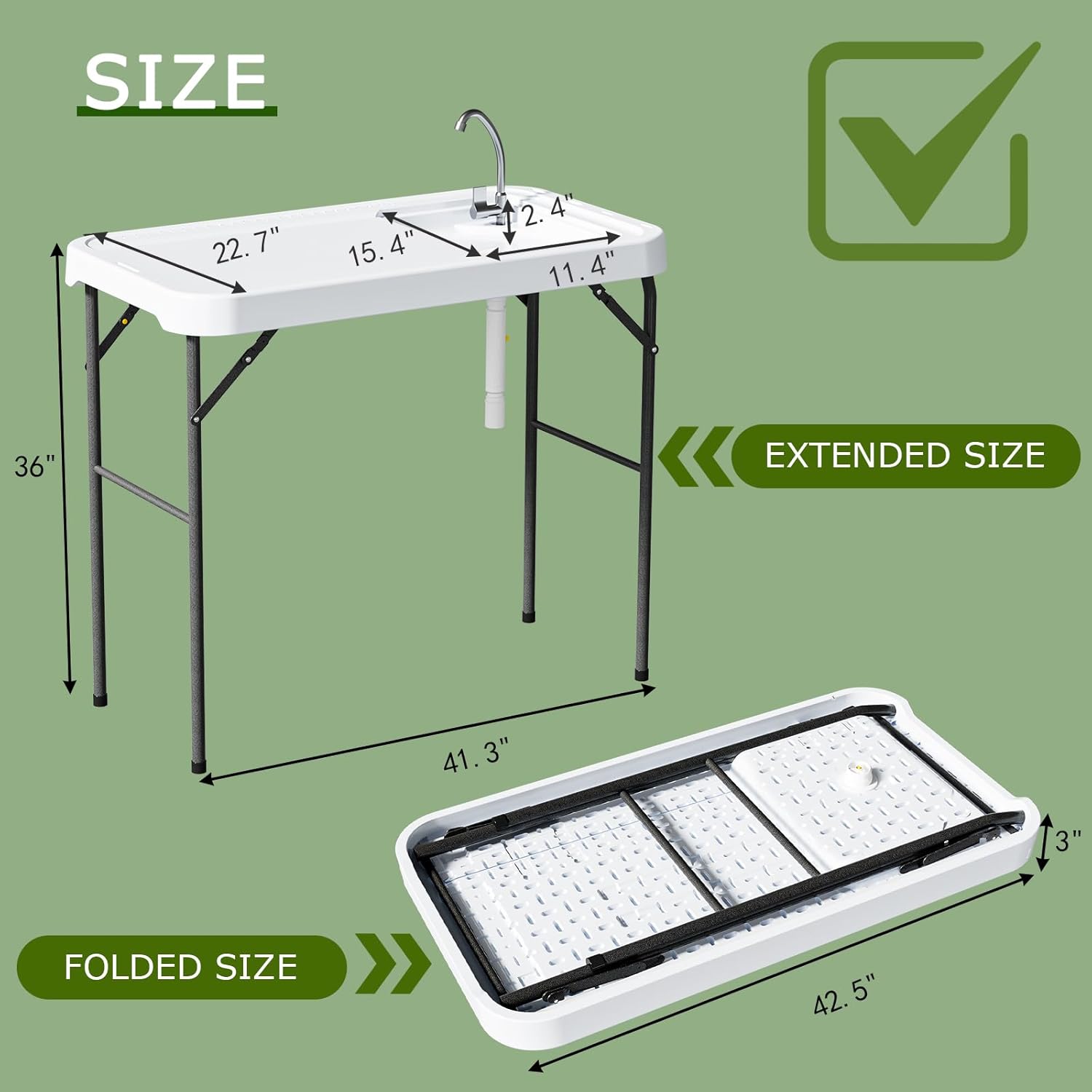 Folding Fish Cleaning Table with Sink, Portable Camping Sink Table with Measure Mark, Drainage Hose and Knife Groove, Outdoor Fish Fillet Cleaning Station for Picnic Fishing, White