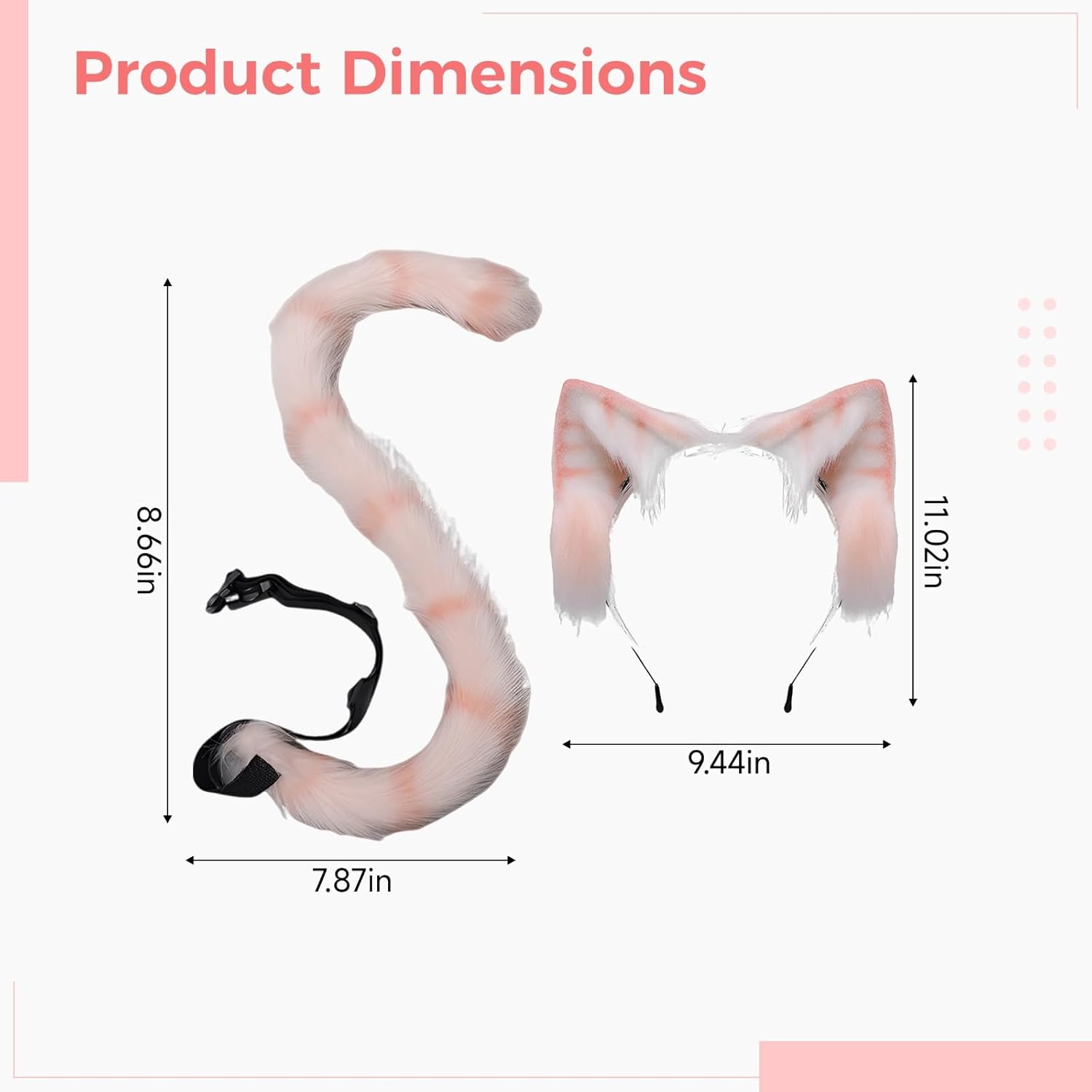 BOSREROY Cat Ears And Tail Set, 2 Piece Plush Furry Costume Accessory In & White For Parties
