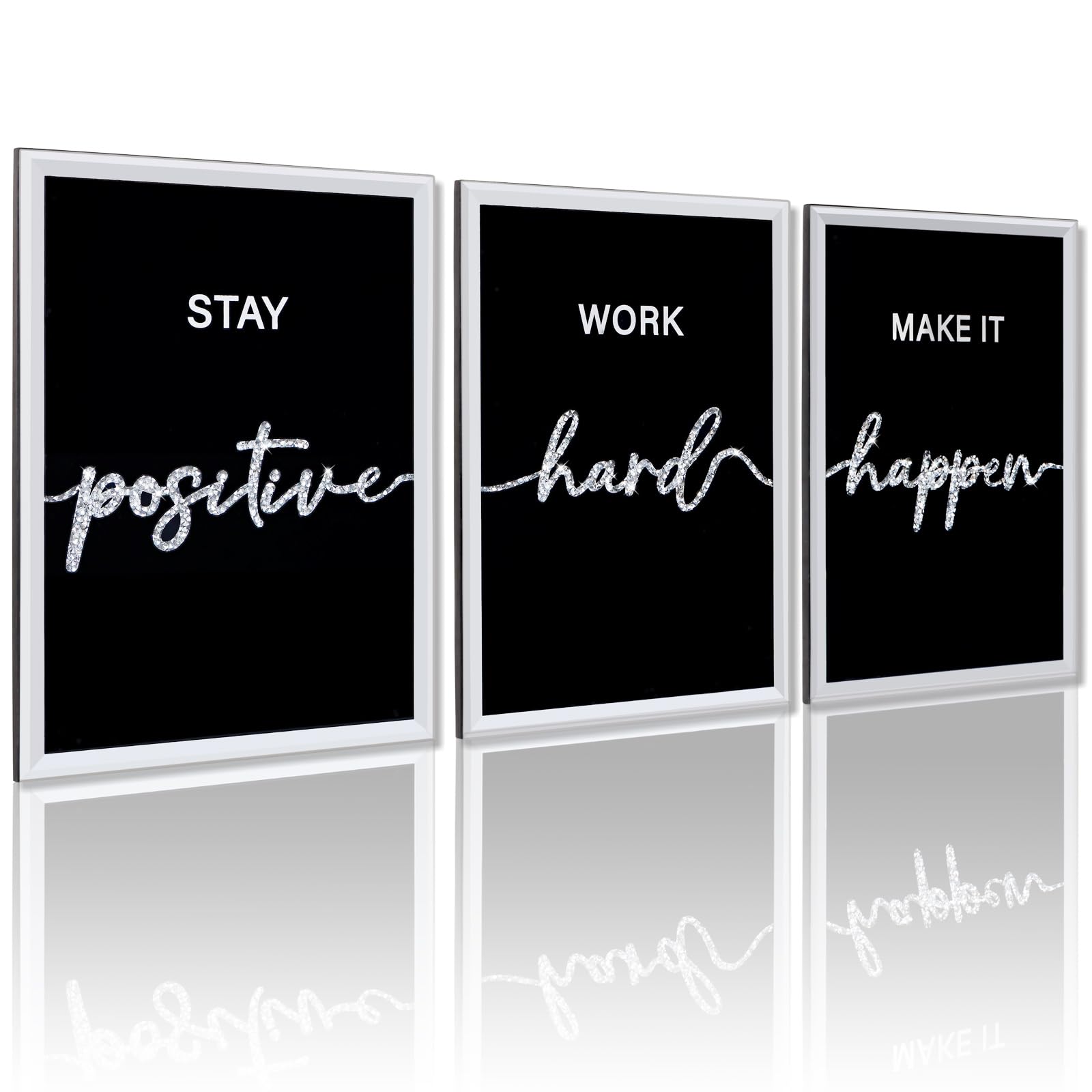 WALTSOM Crushed Diamond Mirrored Inspirational Office Wall Art, Bling Diamond with Black Mirror Motivational Wall Decor for Office Bedroom(Ready to Hang, Set of 3, 11x15 Inch)