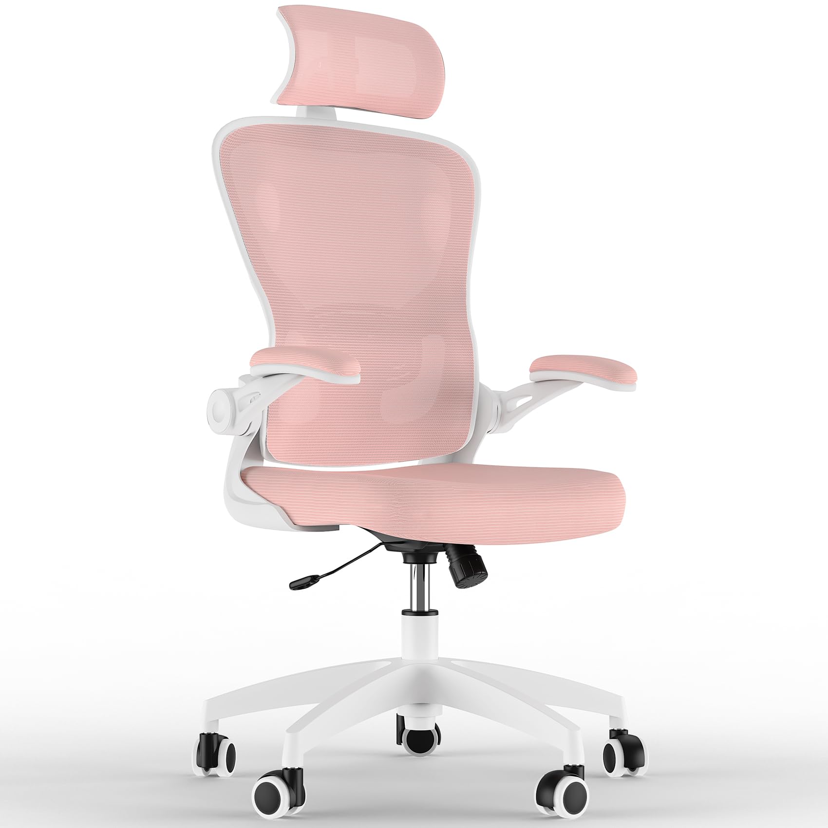 Feonase Ergonomic Office Chair with Adjustable Headrest and Lumbar Support, Mesh Back, Flip-up Armrests and Rocking Function – Swivel Desk Chair for Home Office, Study, Gaming Pink/White