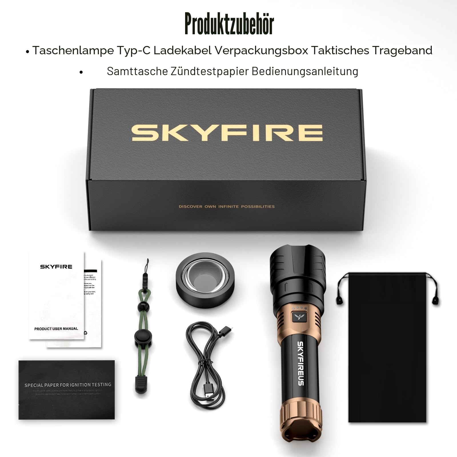 SKYFIRE Taschenlampe LED Aufladbar 5000 Lumen, Taschenlampen extrem hell Zoombar mit Feuerzündungs-Linse für Camping & Notfälle, 4 Helligkeitsstufen, Wiederaufladbare mit Powerbank-Funktion