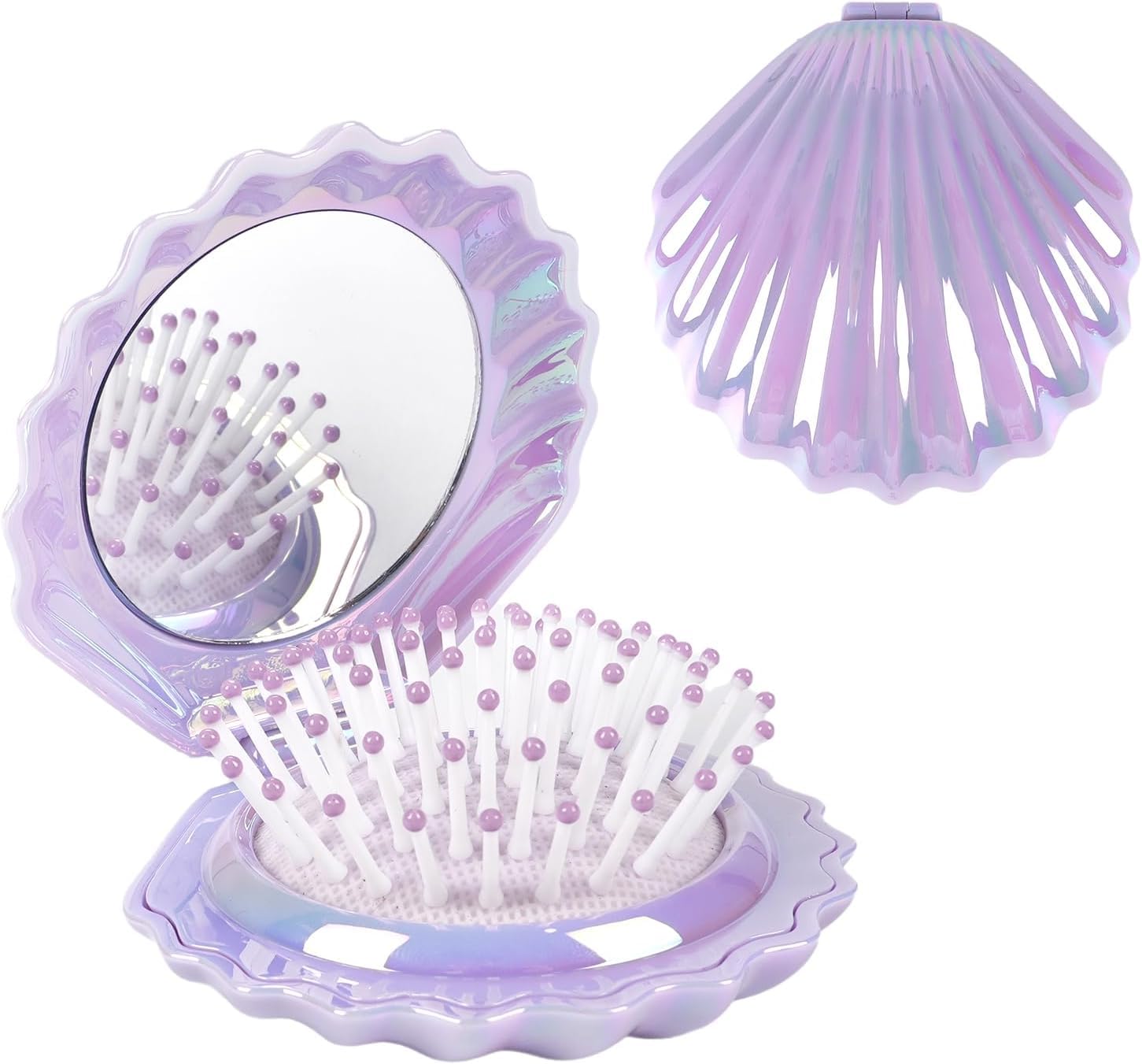 Portable Comb, Seashell Folding Hair Brush with Scalp Massage Comb and Built-In Mirror Compact Travel Hair Brush for On-the-go Touch Ups-image-34